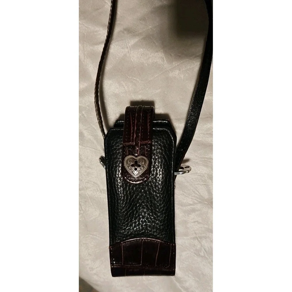 Brighton Cell Phone Case Black Brown Leather‎ Purse Long Strap Crossbody